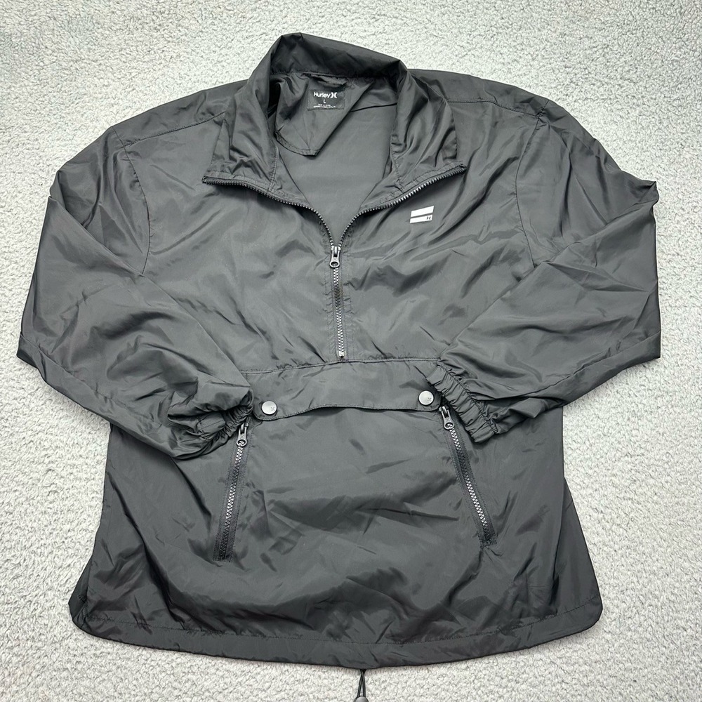 Hurley HUR015BLKR Mens Large Black 1/4 Zip Pullover Windbreaker Jacket w/ pocket